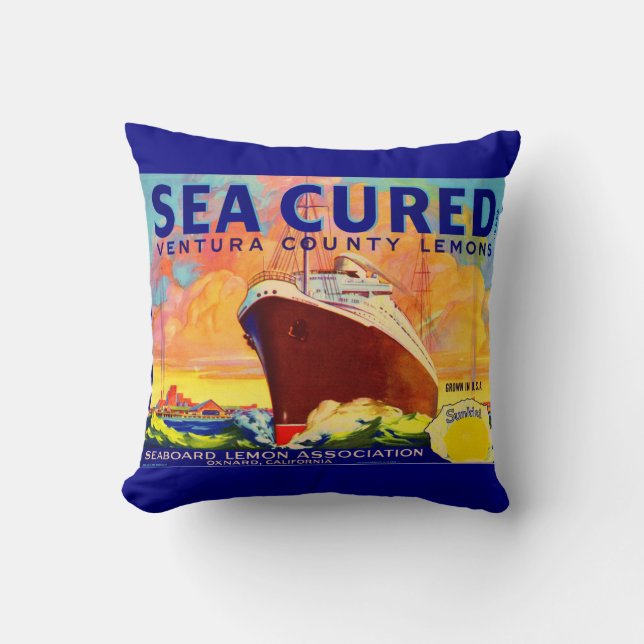 Sea-Cured brand lemons crate label print Throw Pillow (Front)