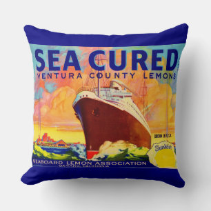 Sea-Cured brand lemons crate label Throw Pillow