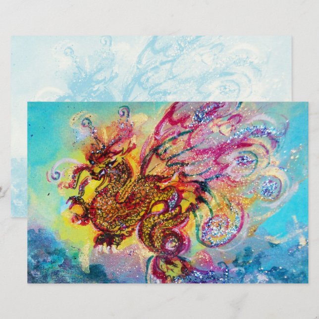SEA DRAGON AMONG WAVES Fantasy Pink Blue Stationery (Front/Back)
