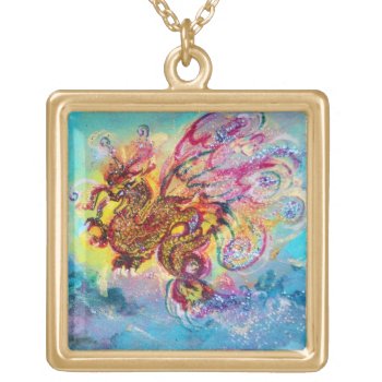 Sea Dragon And Blue Waves Fantasy Gold Plated Necklace by bulgan_lumini at Zazzle