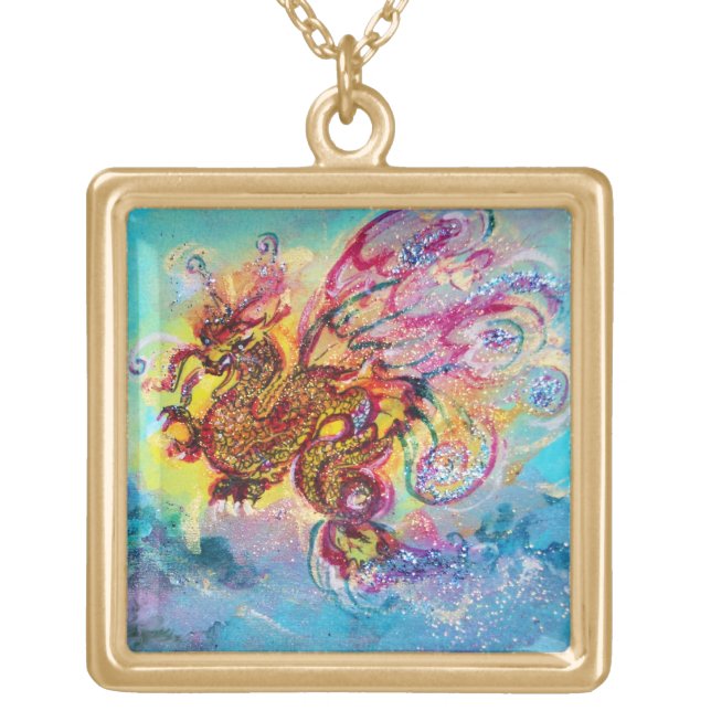 SEA DRAGON AND BLUE WAVES Fantasy Gold Plated Necklace (Front)