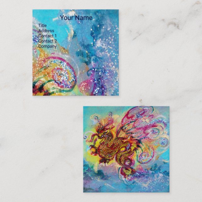 SEA DRAGON AND BLUE WAVES Fantasy Square Business Card (Front/Back)
