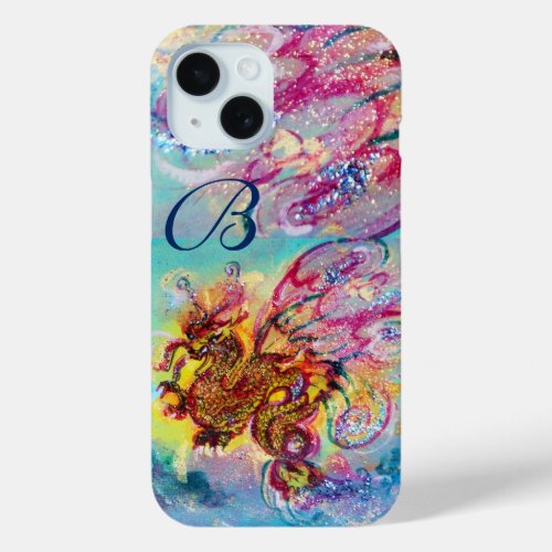 SEA DRAGON IN GOLD BLUE SPARKLES MONOGRAM iPhone 15 CASE