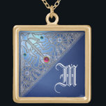 SEA DRAGONS BLUE SAPPHIRE MONOGRAM GOLD PLATED NECKLACE<br><div class="desc">Medieval fantasy twin dragons with a bright 3D Blue Sapphire gem stone.</div>