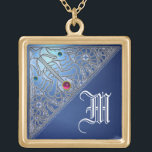 SEA DRAGONS BLUE SAPPHIRE MONOGRAM GOLD PLATED NECKLACE<br><div class="desc">Medieval fantasy twin dragons with a bright 3D Blue Sapphire gem stone.</div>