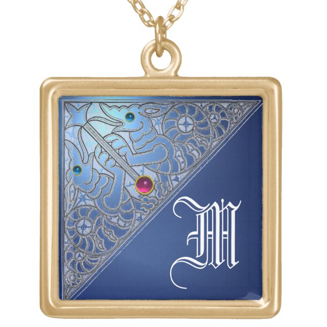 SEA DRAGONS BLUE SAPPHIRE MONOGRAM GOLD PLATED NECKLACE (Front)