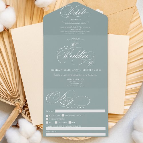 Sea dusty blue elegant calligraphy wedding all in one invitation