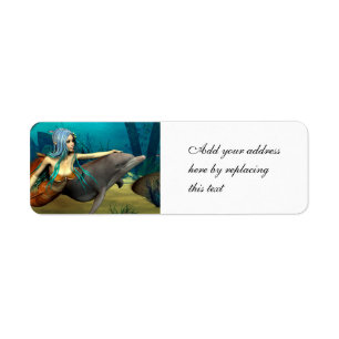 Sea Elf Mermaid and Dolphin Fantasy Art Label