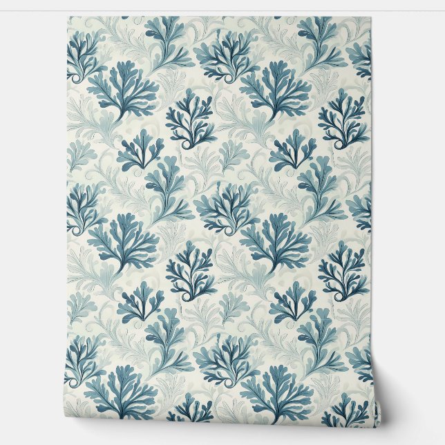 Sea Fern Whispers Petite – Teal, White, Blue Wallpaper (Unrolling)