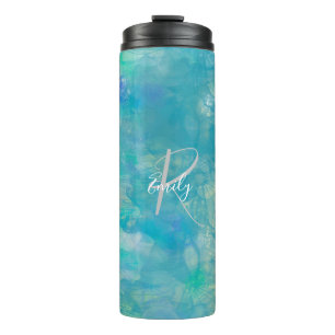 Sea Foam Agate Marble Abstract Name Monogram Thermal Tumbler