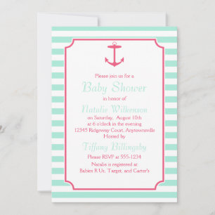 Sea Foam and Pink Anchor Silhouette Baby Shower Invitation