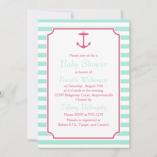 Sea Foam and Pink Anchor Silhouette Baby Shower Custom Invites