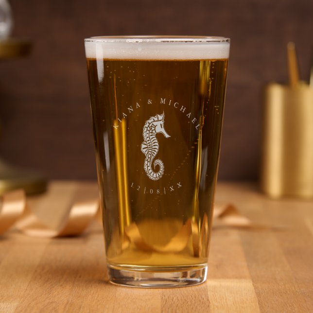 Sea Foam Beach Wedding Seahorse ID837 Pint Glass (Party)