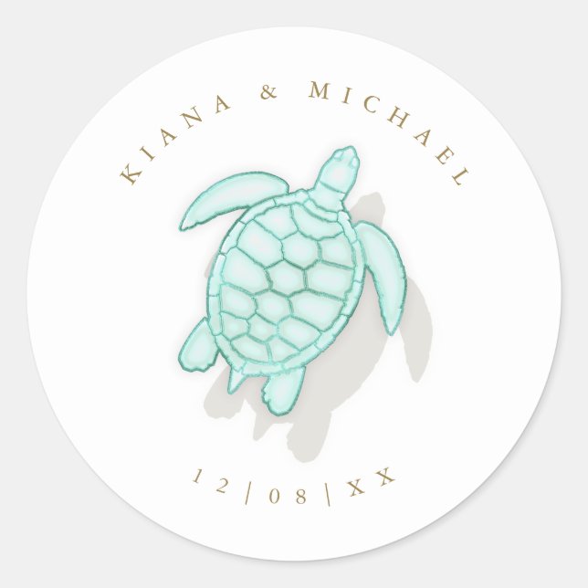 Sea Foam Beach Wedding Turtle ID837 Classic Round Sticker (Front)