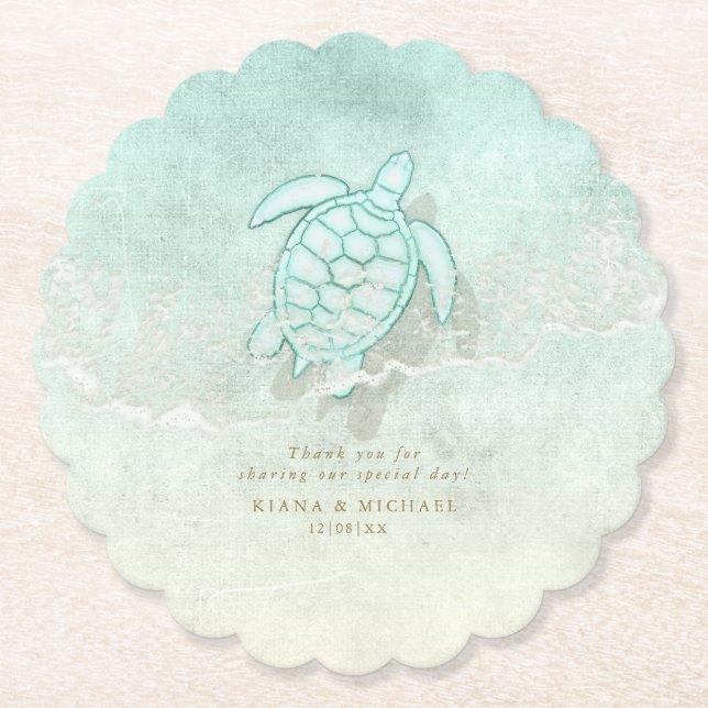 Sea Foam Beach Wedding Turtle ID837 Paper Coaster (Front)