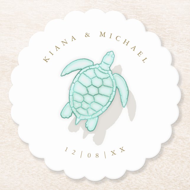 Sea Foam Beach Wedding Turtle ID837 Paper Coaster (Front)