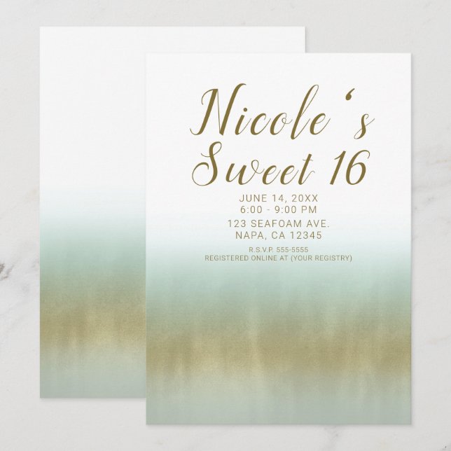Sea Foam Gold White Elegant Beach Sweet 16 Invitation (Front/Back)