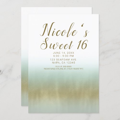 Sea Foam Gold White Elegant Beach Sweet 16 Invitation