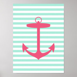 Sea Foam Green and Pink Anchor Poster