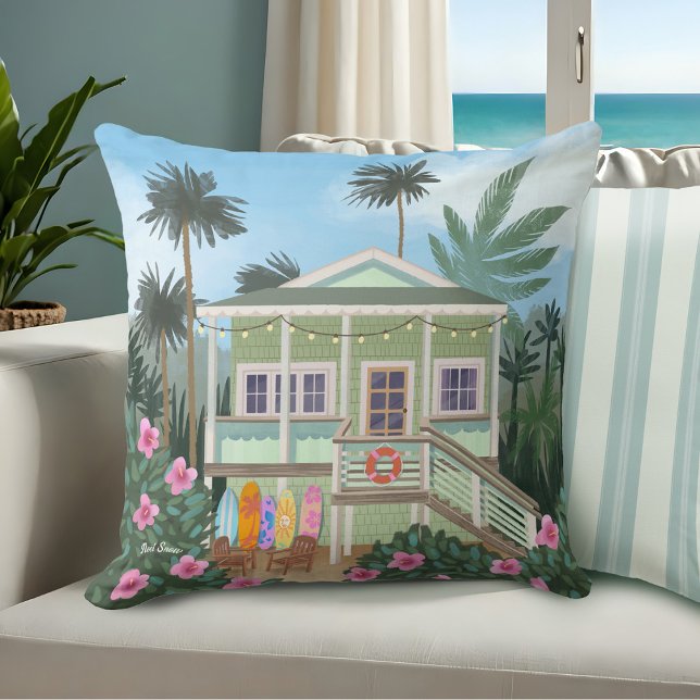 Sea Foam Green Beach House | Throw Pillow (Creator Uploaded)
