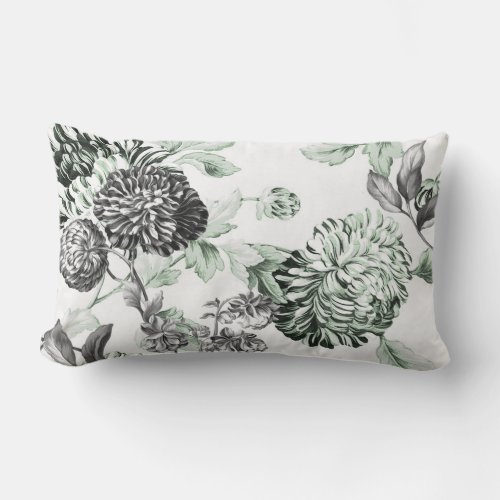 Sea Foam Green Black  White Botanical Toile Lumbar Pillow