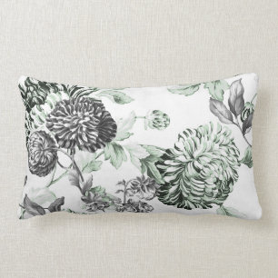 Sea Foam Green Black & White Botanical Toile Lumbar Pillow
