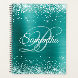 Sea Foam Green Glitter Aqua Teal Foil Monogram Planner