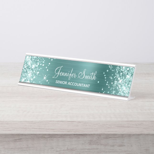 Sea Foam Green Glitter Faux Aqua Teal Foil Desk Name Plate (Front)