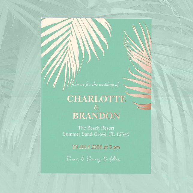 Sea Foam Green Tropical Palm Leaf Wedding Gold  Foil Invitation (Creator Uploaded)