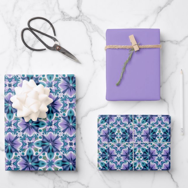Sea-foam Green, Violet, Jade & White Tile Pattern  Wrapping Paper Sheets (Front)