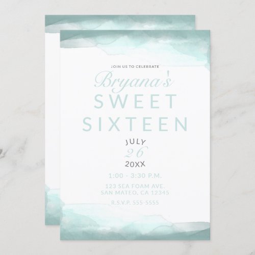 Sea Foam Green Watercolor Modern Chic Sweet 16 Invitation