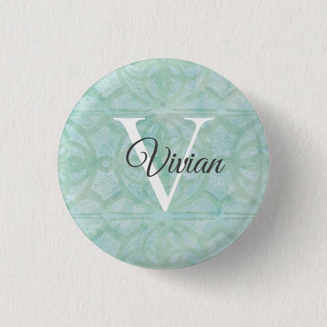 Sea Foam Green Watercolor Monogram Name Button (Front)
