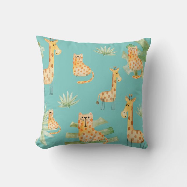 Sea Foam Sage Boy | Jungle Safari Animals Nursery Outdoor Pillow (Front)