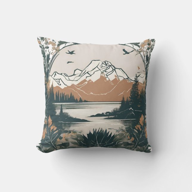 Sea-front mountain range, watercolor throw pillow (Front)