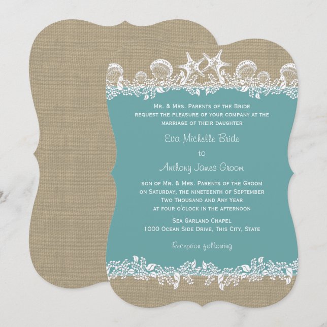 Sea Garland Teal Beach Wedding Invitation (Front/Back)
