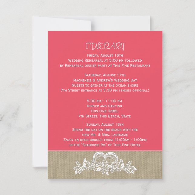 Sea Garland Tropical Beach Wedding Itinerary Invitation (Front)