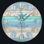 Sea Glass and Beach Wood Nautical - Blue Teal Large Clock<br><div class="desc">Add Style to your home with this beach styled Wall Clock. Featuring a soft tan, blue and teal Beach Wood Stripes and nautical design with a starfish and sea glass ready for you to personalize. ✔Note: Not all template areas need changed. 📌If you need further customization, please click the "Click...</div>