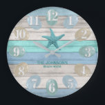 Sea Glass and Beach Wood Nautical - Blue Teal Large Clock<br><div class="desc">Add Style to your home with this beach styled Wall Clock. Featuring a soft tan, blue and teal Beach Wood Stripes and nautical design with a starfish and sea glass ready for you to personalize. ✔Note: Not all template areas need changed. 📌If you need further customization, please click the "Click...</div>