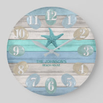 Sea Glass and Beach Wood Nautical - Blue Teal Large Clock
