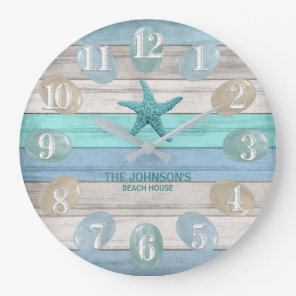Sea Glass and Beach Wood Nautical - Blue Teal Large Clock