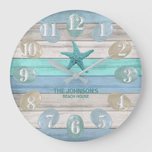 Sea Glass and Beach Wood Nautical - Blue Teal Large Clock