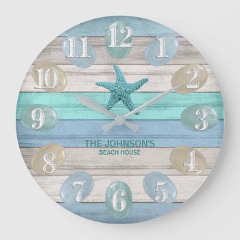 Sea Glass And Beach Wood Nautical - Blue Teal Large Clock by DesignsbyDonnaSiggy at Zazzle
