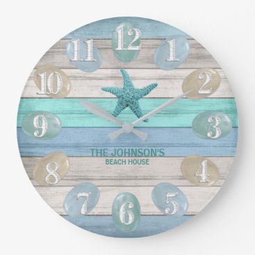 Sea Glass and Beach Wood Nautical - Blue Teal Large Clock