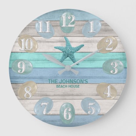 Sea Glass And Beach Wood Nautical - Blue Teal Large Clock