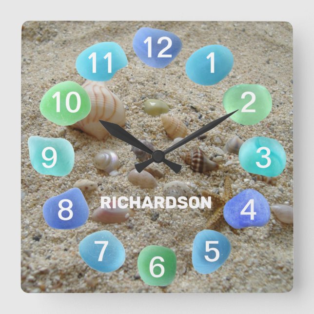 Sea Glass and Seashells on Beach Sand Personalized Square Wall Clock (Front)