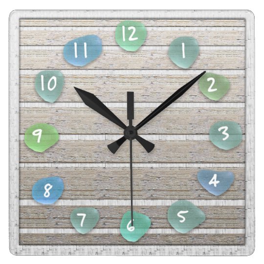 Sea Glass Beach Driftwood Look Square Wall Clock