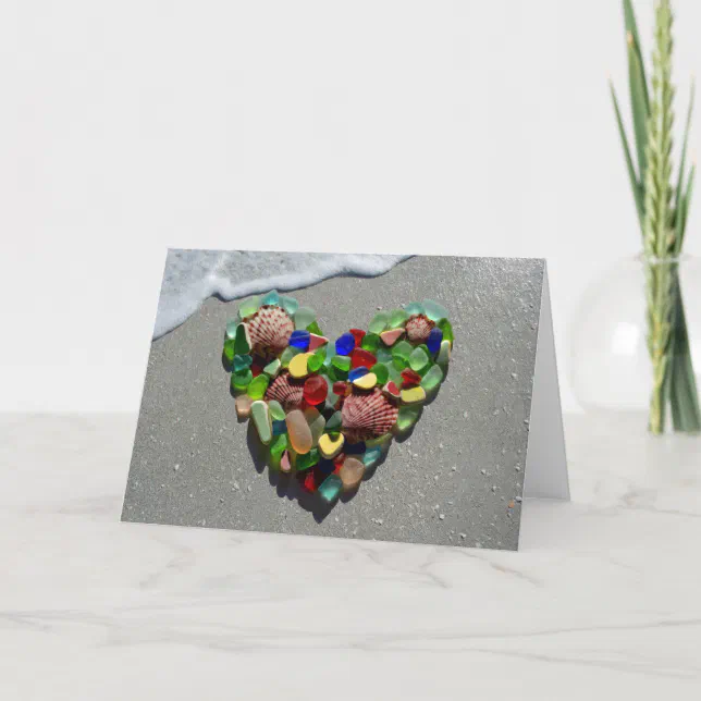 Sea glass, beach glass rainbow heart blank card | Zazzle