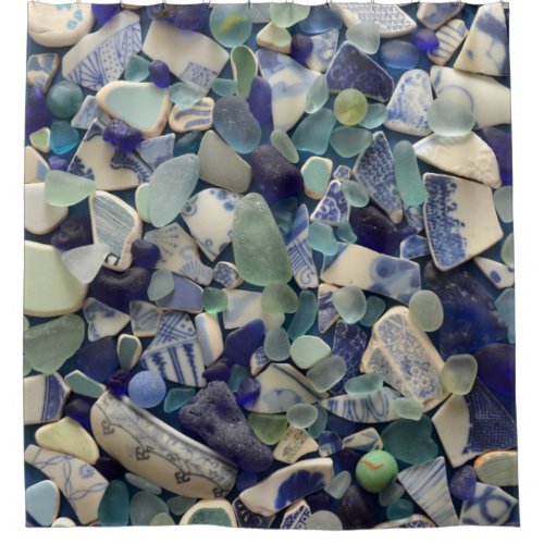 Sea glass beach pottery cobalt blue aqua green shower curtain