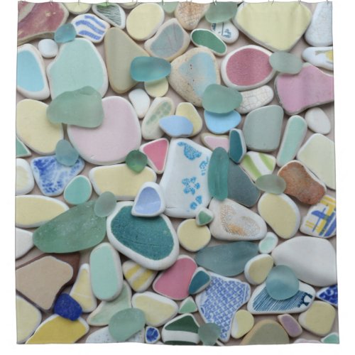 Sea glass beach pottery pastel blue green shower curtain