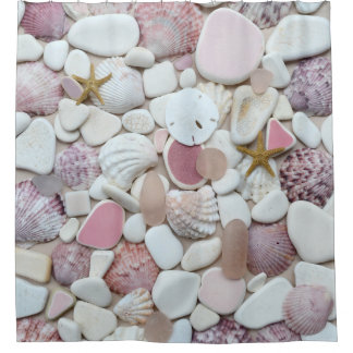 Sea glass, beach pottery, pastel pink beige shells shower curtain